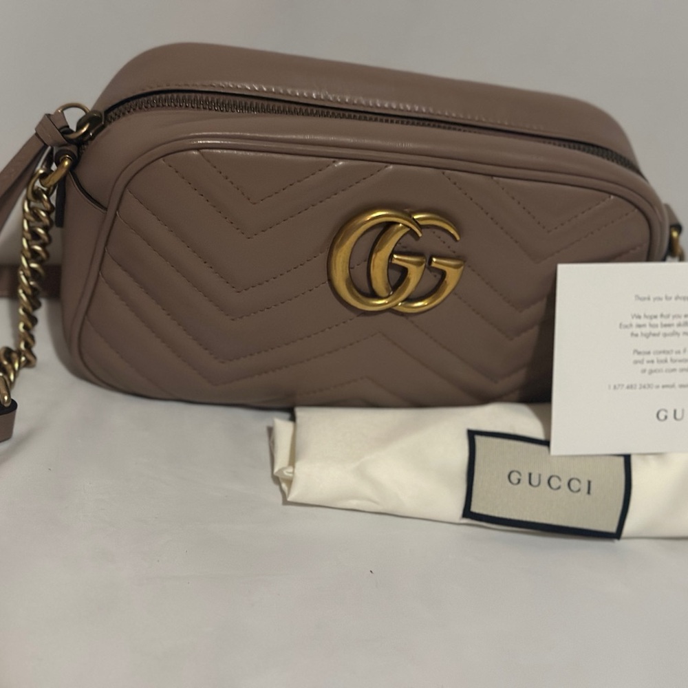 Gucci Marmont Taupe Leather Crossbody Bag with Gold Hardware